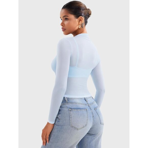 Womens Sheer Lightweight Long Sleeve Tops Slim Fit See Through Casual - Picture 2 of 6